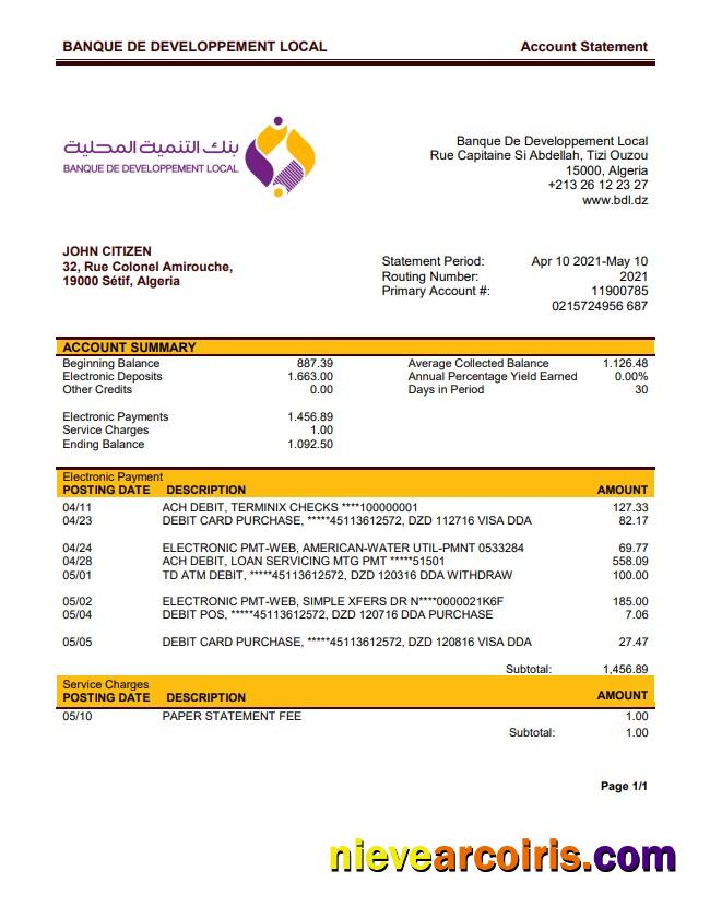 Algeria Banque De Developpement Local Bank Statement